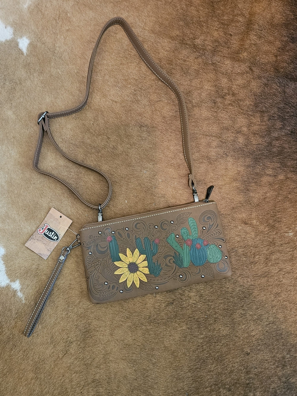 Justin Boots Brown Crossbody Bag Sunflower Cactus Accents Western Country Nwt